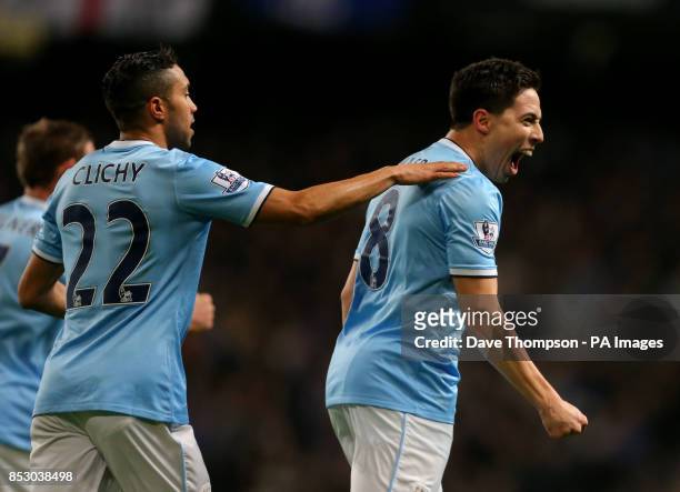Manchester City's Samir Nasri celebrates after scoring his team's second goal of the game against Chelsea during the FA Cup, Fifth round match at the...