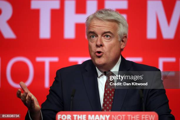 First Minister of Wales Carwyn Jones speaks in the main hall during day one of the Labour Party Conference on September 24, 2017 in Brighton, England.