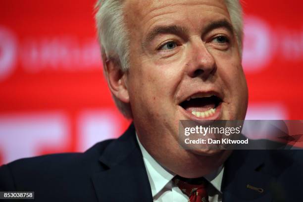 First Minister of Wales Carwyn Jones speaks in the main hall during day one of the Labour Party Conference on September 24, 2017 in Brighton, England.