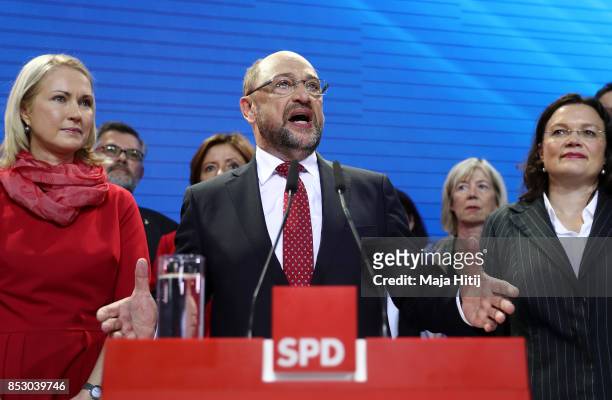 German Social Democrat and chancellor candidate Martin Schulz speaks after initial results gave the party 20.4% of the vote, giving it a second place...