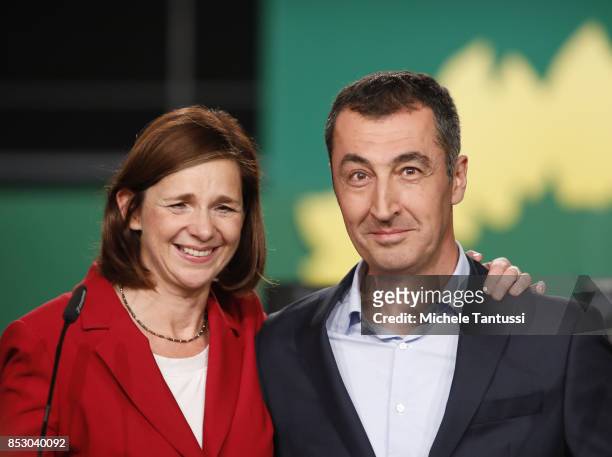 German Green Party Buendnis 90 / Die Gruenen candidate duo for federal elections Katrin Goering-Eckardt and Cem Oezdemir address the media during the...