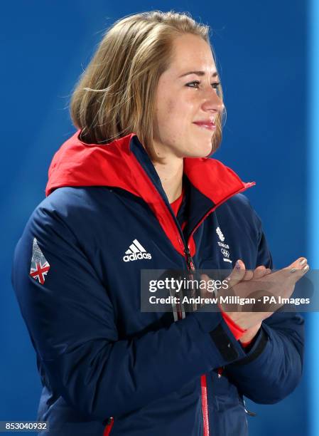 Great Britain's Lizzy Yarnold becomes emotional as she waits to receive her gold medal that she won in the Women's Skeleton, at the Medals Plaza...