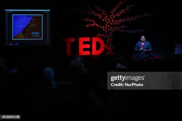 Palestinians standing on stage during TEDx Palestine conference, in Gaza city, on September 24, 2017.