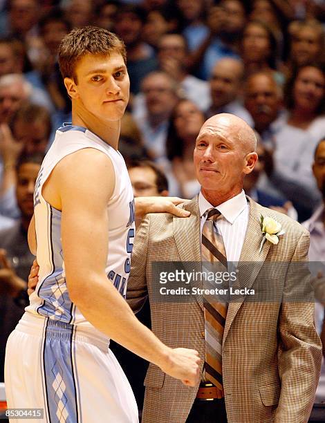 Tyler Hansbrough of the North Carolina Tar Heels with his father, Gene, before the start of their game against the Duke Blue Devils on senior night...