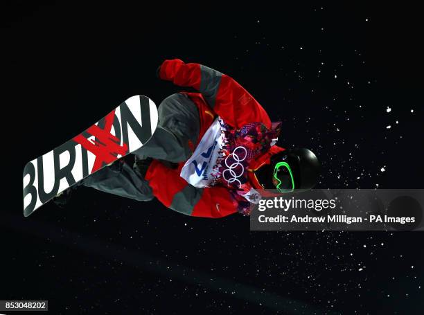 China's Wancheng Shi in the mens final of the Snowboard Mens Halfpipe during the 2014 Sochi Olympic Games in Krasnaya Polyana, Russia.