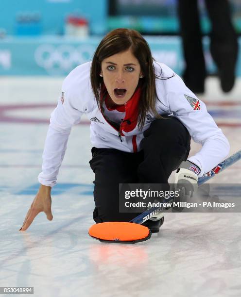 Great Britain's Eve Muirhead during the Women's Curling Round Robin match at the Ice Cube Curling Centre, during the 2014 Sochi Olympic Games in...