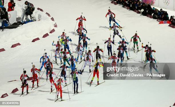 The start of the Women's 12.5km Mass Start Biathlon during the 2014 Sochi Olympic Games in Sochi, Russia.