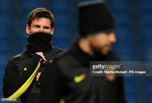 Barcelona's Lionel Messi, during the training session at the Etihad Stadium, Manchester.