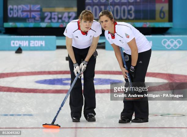 Great Britain's Vicky Adams and Claire Hamilton during the Women's Curling Round Robin match at the Ice Cube Curling Centre, during the 2014 Sochi...
