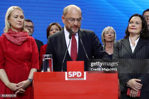 German Social Democrat and chancellor candidate Martin Schulz speaks after initial results gave the party 20.8% of the vote, giving it a second place...