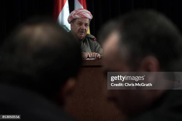 Kurdistan President Masoud Barzani speaks to the media at a press conference on September 24, 2017 in Erbil, Iraq. President Barzani announced that...