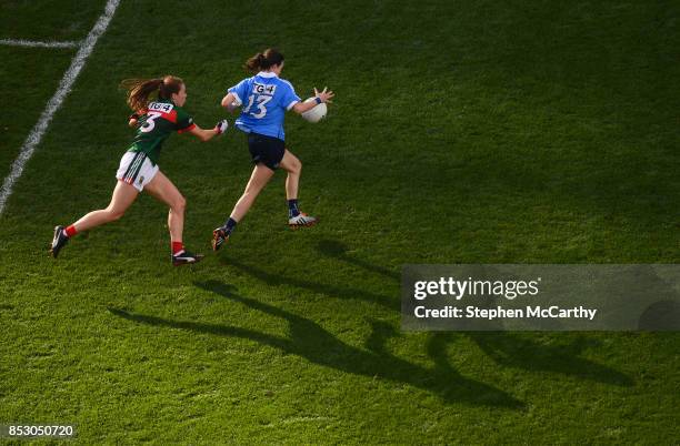 Dublin , Ireland - 24 September 2017; Sinéad Aherne of Dublin in action against Sarah Tierney of Mayo during the TG4 Ladies Football All-Ireland...