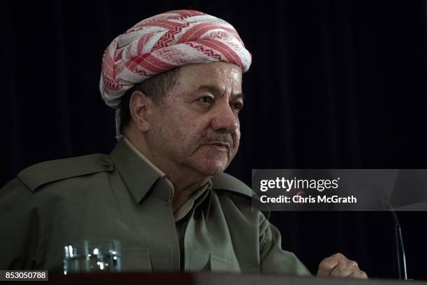 Kurdistan President Masoud Barzani speaks to the media at a press conference on September 24, 2017 in Erbil, Iraq. President Barzani announced that...