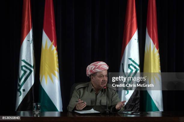 Kurdistan President Masoud Barzani speaks to the media at a press conference on September 24, 2017 in Erbil, Iraq. President Barzani announced that...
