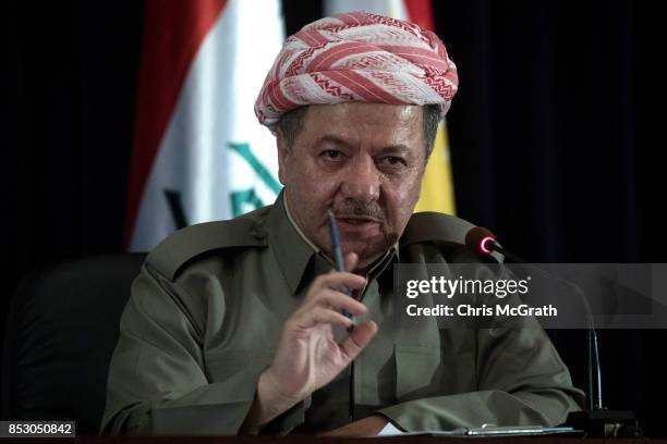 Kurdistan President Masoud Barzani speaks to the media at a press conference on September 24, 2017 in Erbil, Iraq. President Barzani announced that...