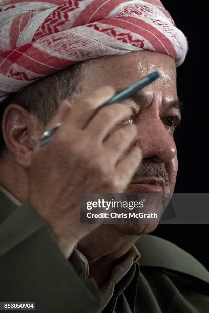 Kurdistan President Masoud Barzani speaks to the media at a press conference on September 24, 2017 in Erbil, Iraq. President Barzani announced that...