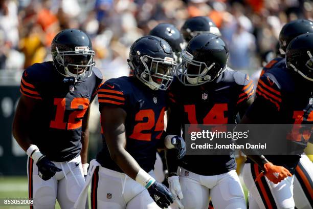 Jordan Howard of the Chicago Bears celebrates with Markus Wheaton and Deonte Thompson after scoring a touchdown against the Pittsburgh Steelers in...