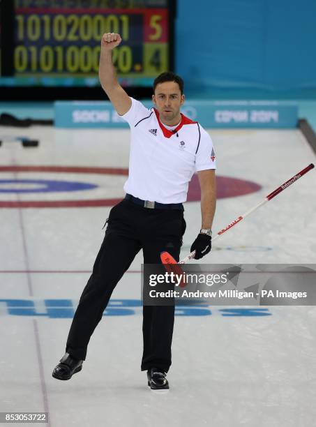 Great Britain's skip David Murdoch celebrates defeating Norway in their Curling tie-breaker at the Ice Cube Curling Centre during the 2014 Sochi...