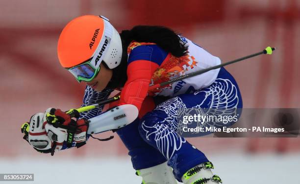 Violinist Vanessa Mae skiing under the name Vanessa Vanakorn and representing Thailand in the Ladies' Giant Slalom Run 2 at the Rosa Khutor Alpine...