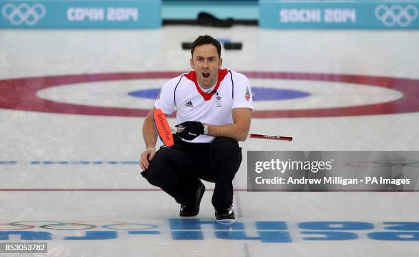 Great Britain's skip David Murdoch on their way to defeating Norway in their Curling tie-breaker at the Ice Cube Curling Centre during the 2014 Sochi...