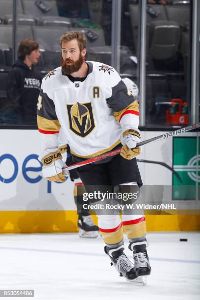 Clayton Stoner of the Vegas Golden Knights warms up against the San Jose Sharks at SAP Center on September 21, 2017 in San Jose, California.