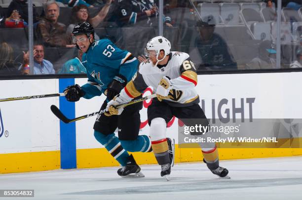 Tynan of the Vegas Golden Knights skates against Brandon Mashinter of the San Jose Sharks at SAP Center on September 21, 2017 in San Jose, California.