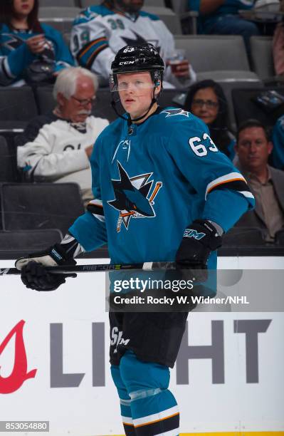 Julius Bergman of the San Jose Sharks skates against the Vegas Golden Knights at SAP Center on September 21, 2017 in San Jose, California.