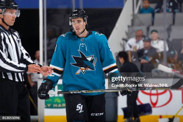 Brandon Mashinter of the San Jose Sharks looks on during the game against the Vegas Golden Knights at SAP Center on September 21, 2017 in San Jose,...