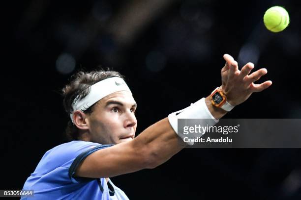 Spanish Rafael Nadal of the Team Europe in action against US John Isner of the Team World during the Laver Cup in Prague, Czech Republic on September...
