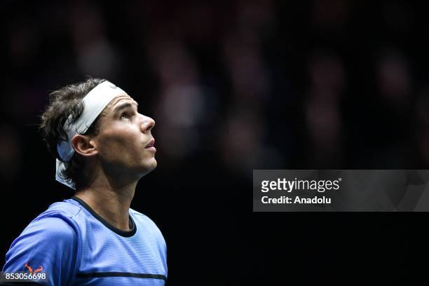 Spanish Rafael Nadal of the Team Europe in action against US John Isner of the Team World during the Laver Cup in Prague, Czech Republic on September...