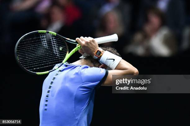 Spanish Rafael Nadal of the Team Europe in action against US John Isner of the Team World during the Laver Cup in Prague, Czech Republic on September...