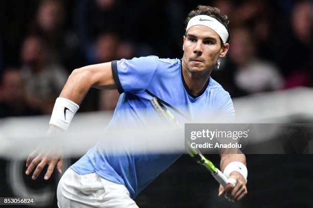 Spanish Rafael Nadal of the Team Europe in action against US John Isner of the Team World during the Laver Cup in Prague, Czech Republic on September...