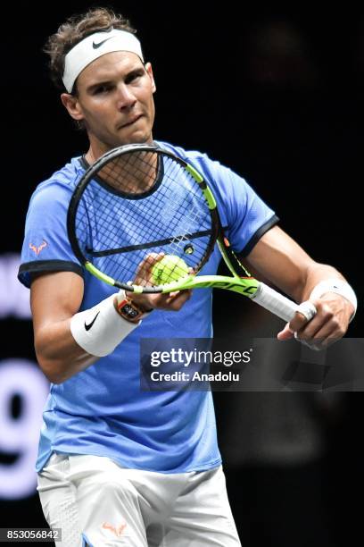 Spanish Rafael Nadal of the Team Europe in action against US John Isner of the Team World during the Laver Cup in Prague, Czech Republic on September...