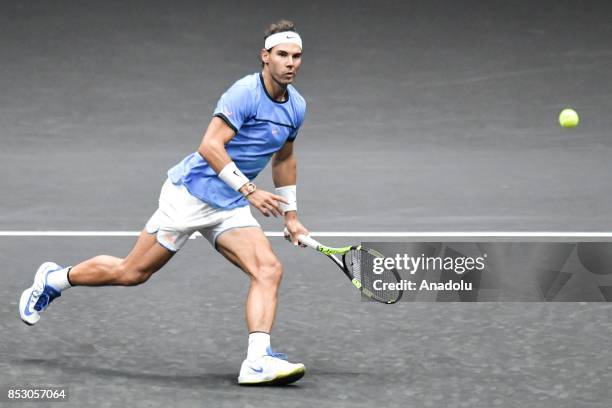 Spanish Rafael Nadal of the Team Europe in action against US John Isner of the Team World during the Laver Cup in Prague, Czech Republic on September...