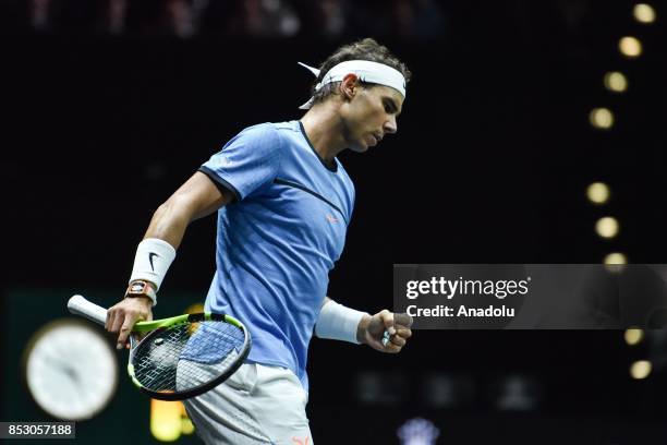 Spanish Rafael Nadal of the Team Europe in action against US John Isner of the Team World during the Laver Cup in Prague, Czech Republic on September...