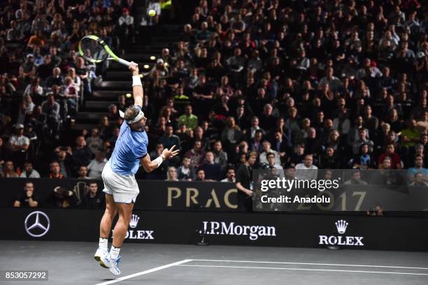 Spanish Rafael Nadal of the Team Europe in action against US John Isner of the Team World during the Laver Cup in Prague, Czech Republic on September...