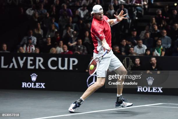 John Isner of the Team World in action against Spanish Rafael Nadal of the Team Europe during the Laver Cup in Prague, Czech Republic on September...