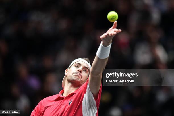 John Isner of the Team World in action against Spanish Rafael Nadal of the Team Europe during the Laver Cup in Prague, Czech Republic on September...