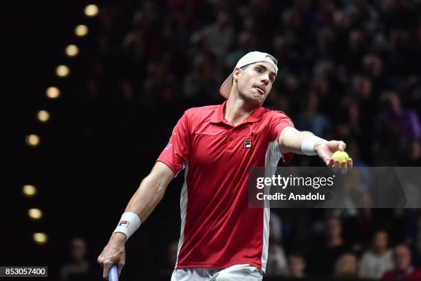 John Isner of the Team World in action against Spanish Rafael Nadal of the Team Europe during the Laver Cup in Prague, Czech Republic on September...