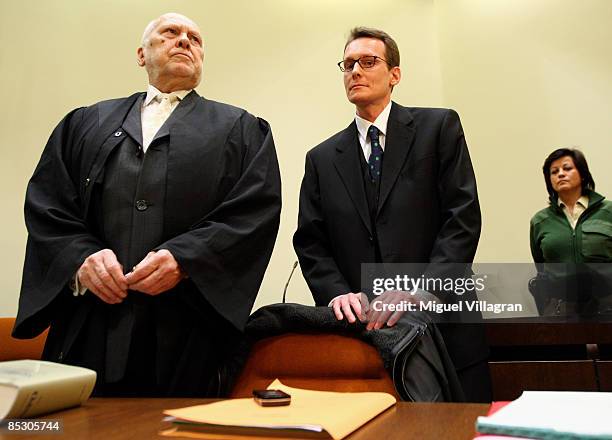 Helg Sgarbi and his German lawyer Egon Geis are pictured prior to Sgarbi's trial at the country court on March 9, 2009 in Munich, Germany. Sgarbi has...