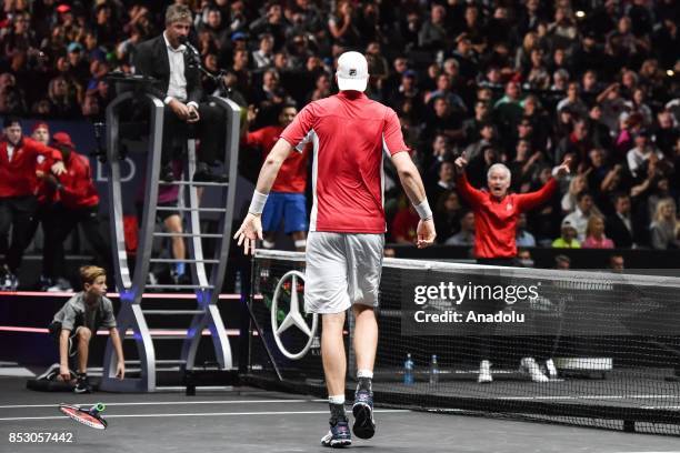 John Isner of the Team World in action against Spanish Rafael Nadal of the Team Europe during the Laver Cup in Prague, Czech Republic on September...