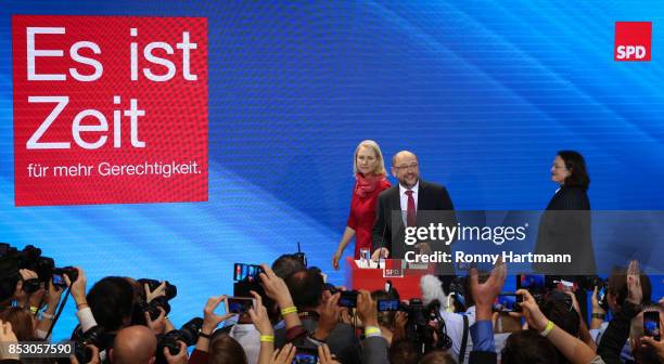 German Social Democrat and chancellor candidate Martin Schulz , State Premier of Mecklenburg-Western Pomerania Manuela Schwesig and Minister of Work...