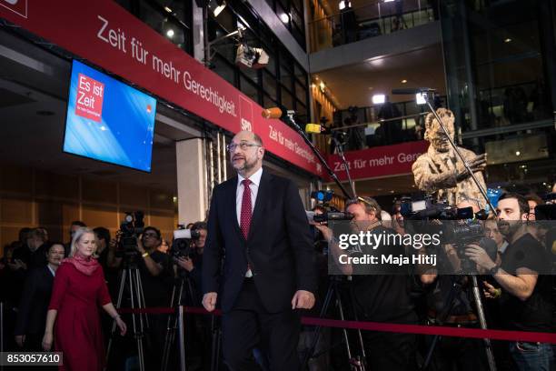 German Social Democrat and chancellor candidate Martin Schulz arrives to the stage after election results that give the party 20% of the vote, giving...