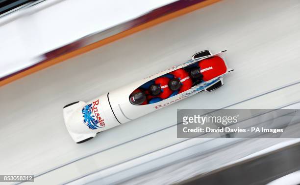 Russia's Nikita Zakharov driving Russia 3 in Bobsleigh training during the 2014 Sochi Olympic Games in Sochi, Russia.