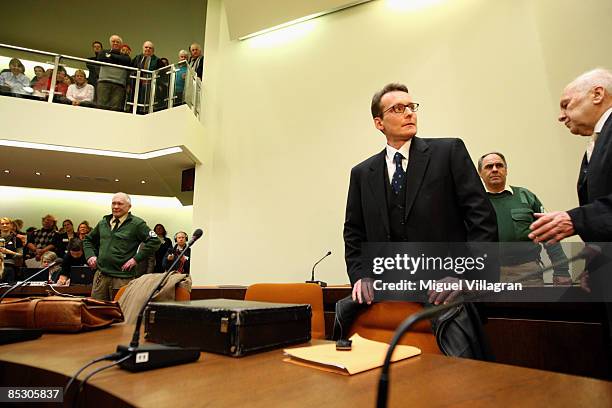 Helg Sgarbi and his German lawyer Egon Geis are pictured prior to Sgarbi's trial at the country court on March 9, 2009 in Munich, Germany. Sgarbi has...