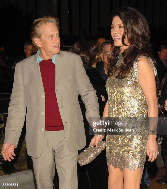 Actor Michael Douglas and actress Catherine Zeta-Jones attend the premiere of Kirk Douglas' one man show "Before I Forget" at the Kirk Douglas...