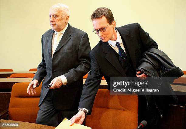 Helg Sgarbi and his German lawyer Egon Geis arrive to Sgarbi's trial at the country court on March 9, 2009 in Munich, Germany. Sgarbi has been...