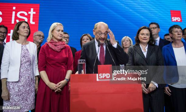 German Social Democrat and chancellor candidate Martin Schulz talks at the stage with State Premier of Mecklenburg-Western Pomerania Manuela Schwesig...