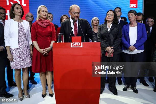 German Social Democrat and chancellor candidate Martin Schulz talks at the stage after election results that give the party 21% of the vote, giving...