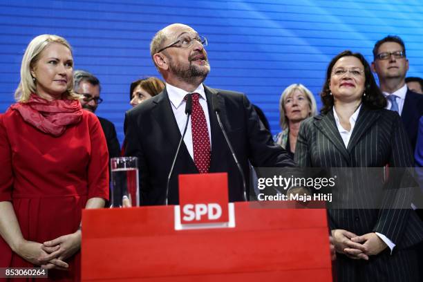 German Social Democrat and chancellor candidate Martin Schulz talks at the stage next to State Premier of Mecklenburg-Western Pomerania Manuela...